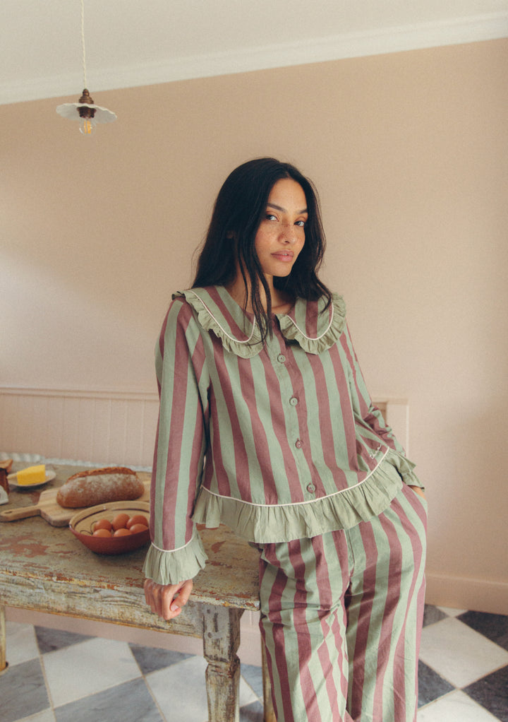 Cotton Pyjamas in Sage & Brown Stripe
