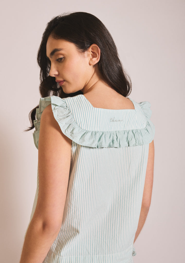 Rear view of TBCo Cotton Pyjamas in Blue Stripe Ruffle showing delicate ruffle detail on back, gallery position 4