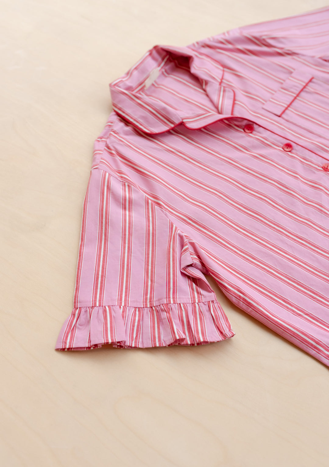 Cotton Pyjamas in Red Stripe Ruffle by TBCo featuring short sleeve with ruffle detail in portrait gallery position six.