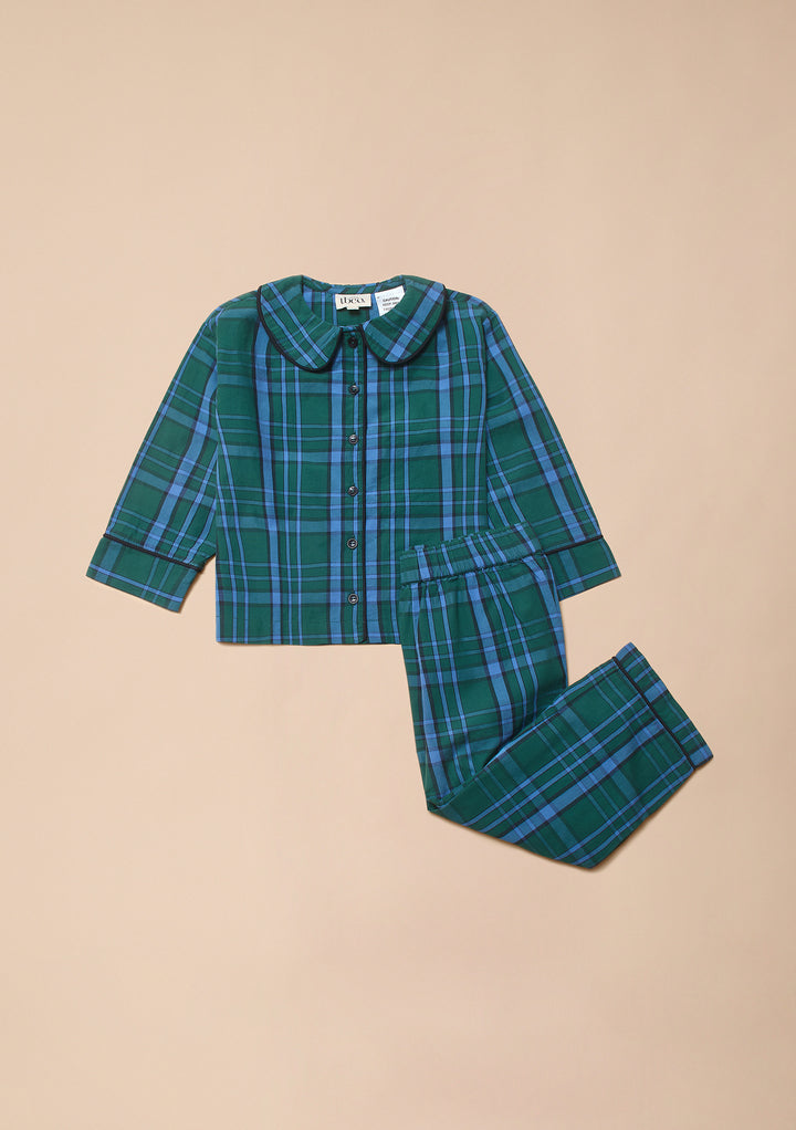 Baumwoll-Kinderpyjama in grünem Schottenkaro