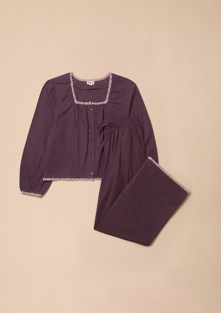 Cotton and Linen Pyjamas in Fig Trim