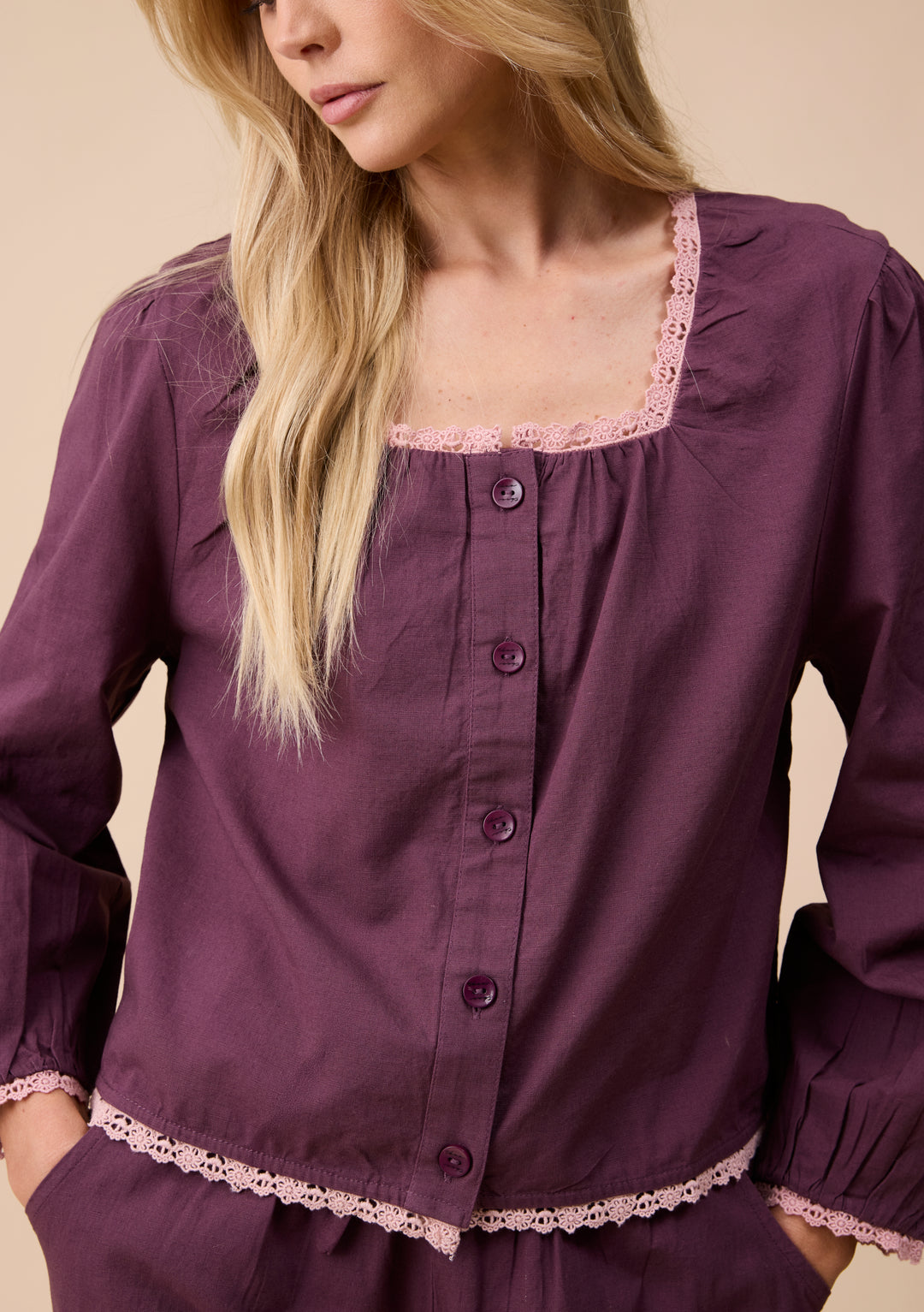 Cotton and Linen Pyjamas in Fig Trim