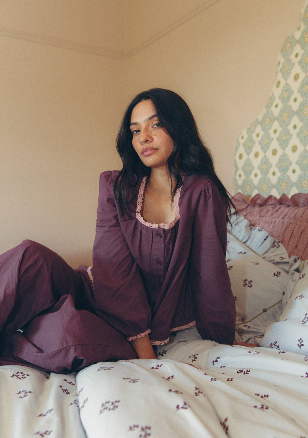 Cotton and Linen Pyjamas in Fig Trim