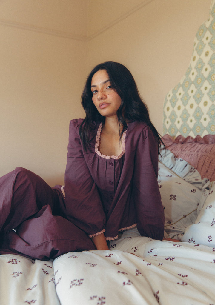 Cotton and Linen Pyjamas in Fig Trim