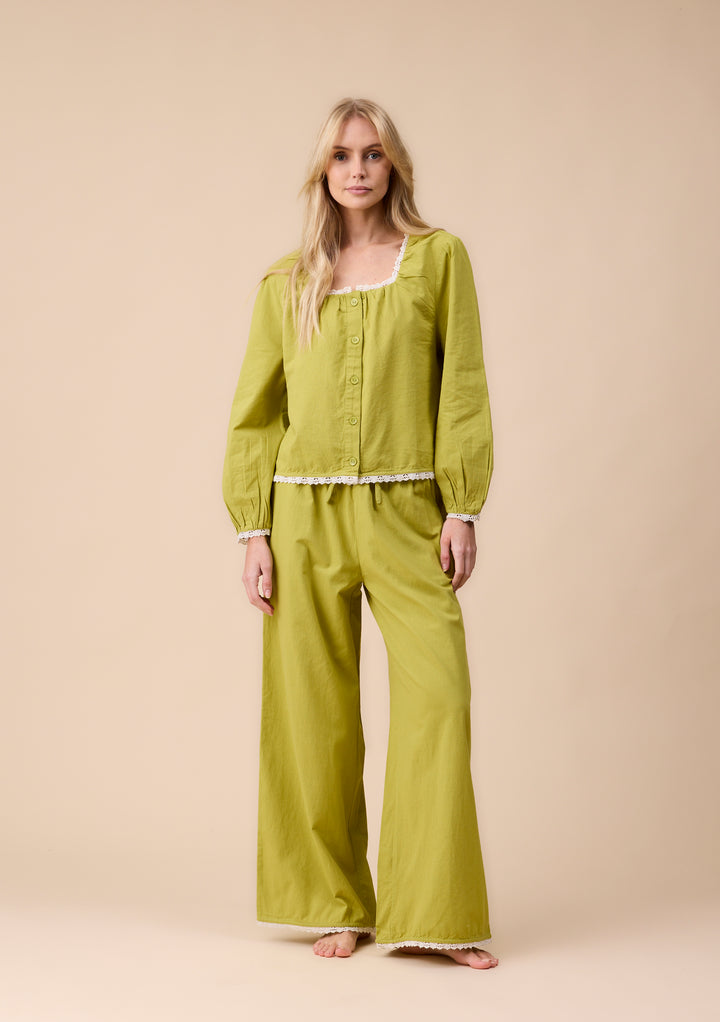 Cotton and Linen Pyjamas in Green Trim