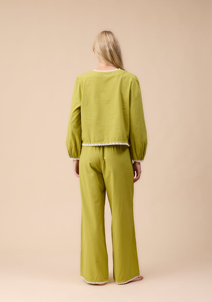 Cotton and Linen Pyjamas in Green Trim