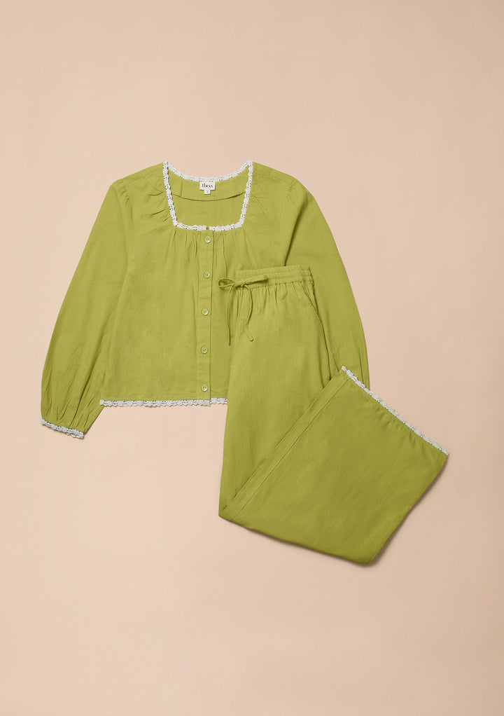 Cotton and Linen Pyjamas in Green Trim