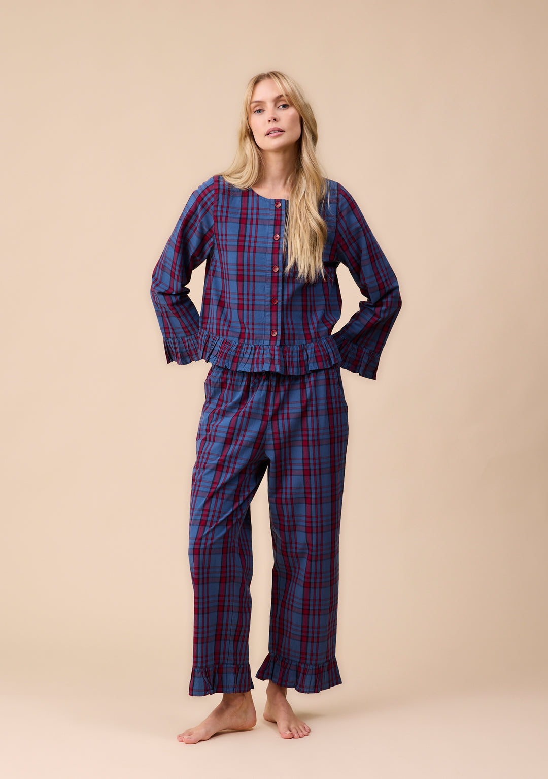 Cropped Cotton Pyjamas in Navy Tartan Ruffle