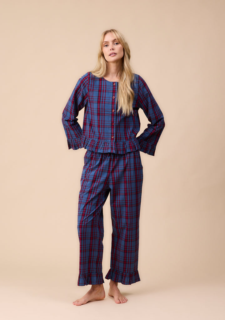Cropped Cotton Pyjamas in Navy Tartan Ruffle