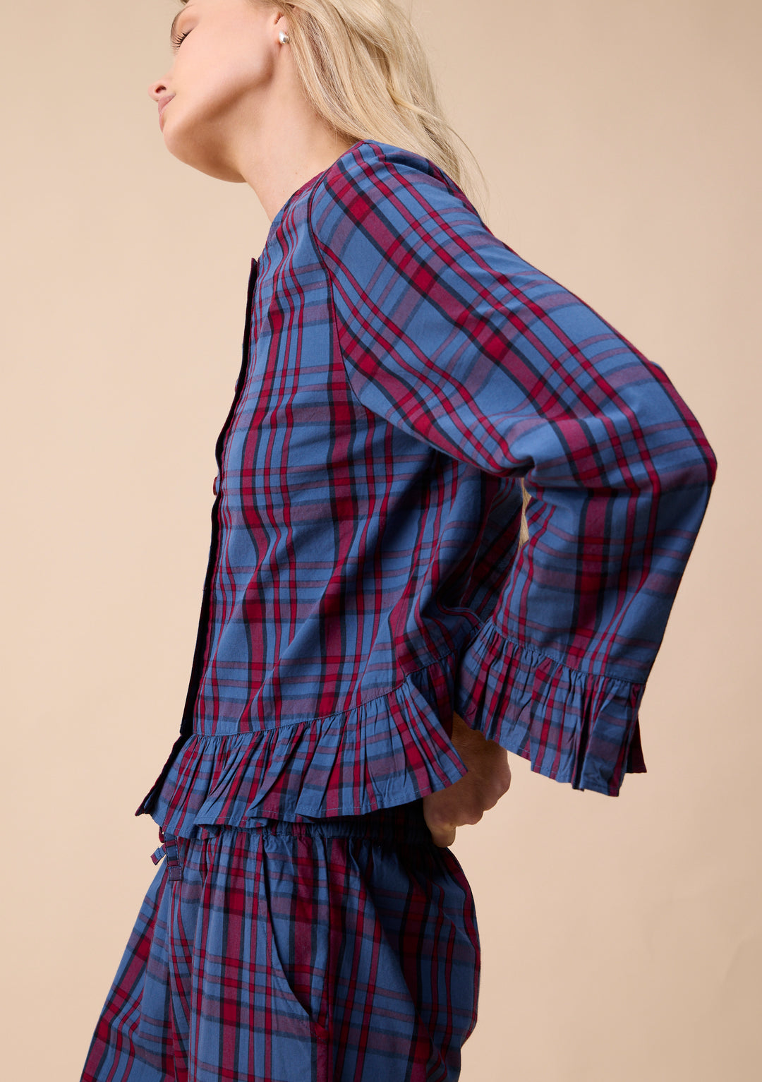 Cropped Cotton Pyjamas in Navy Tartan Ruffle