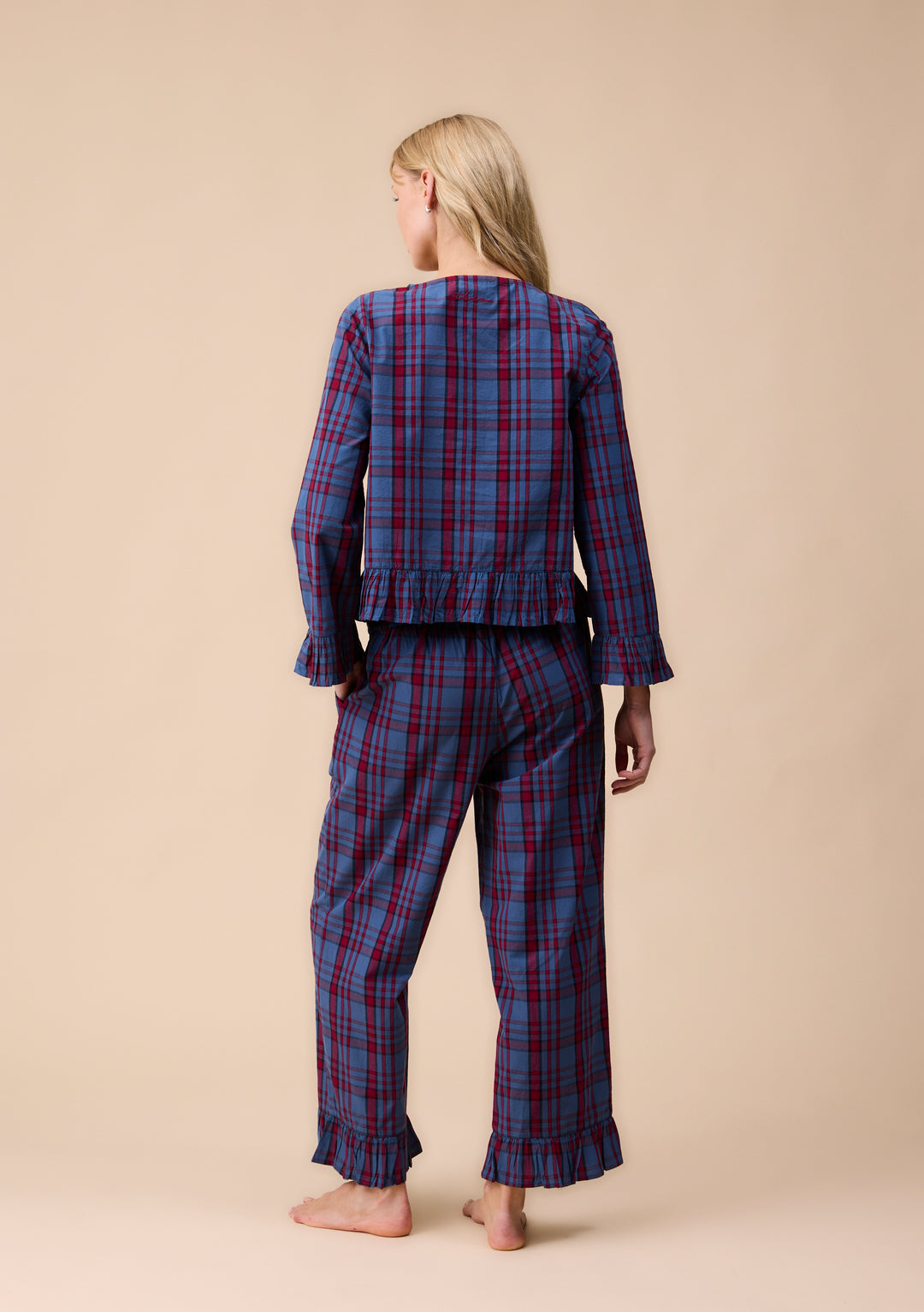 Cropped Cotton Pyjamas in Navy Tartan Ruffle