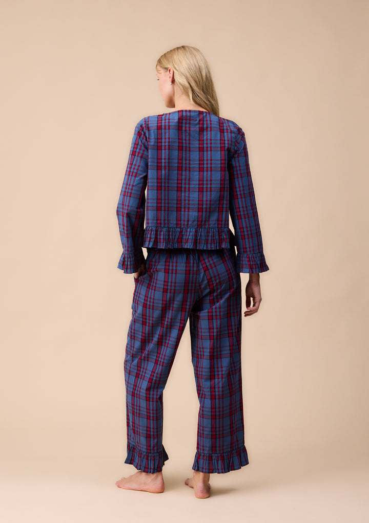 Cropped Cotton Pyjamas in Navy Tartan Ruffle