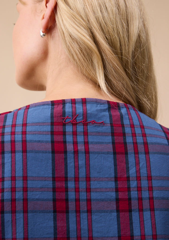 Cropped Cotton Pyjamas in Navy Tartan Ruffle