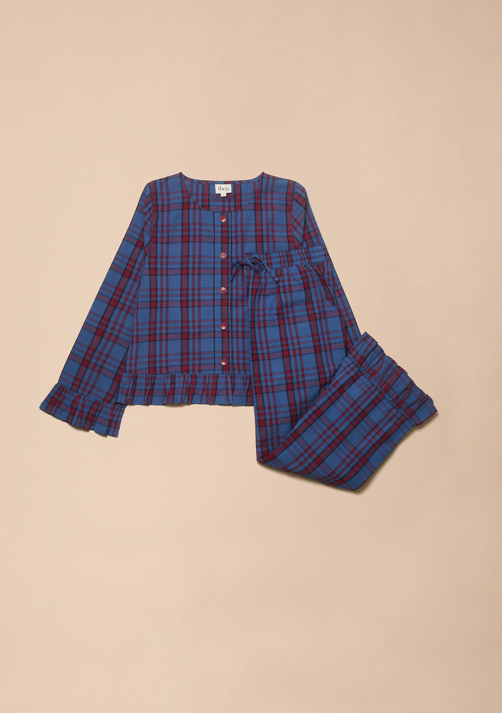 Cropped Cotton Pyjamas in Navy Tartan Ruffle