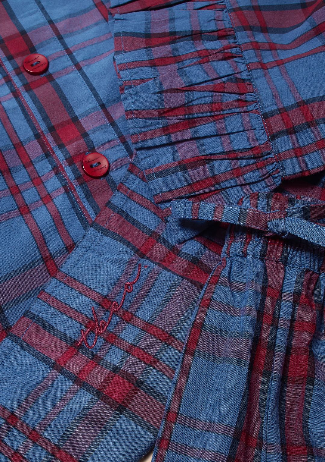 Cropped Cotton Pyjamas in Navy Tartan Ruffle