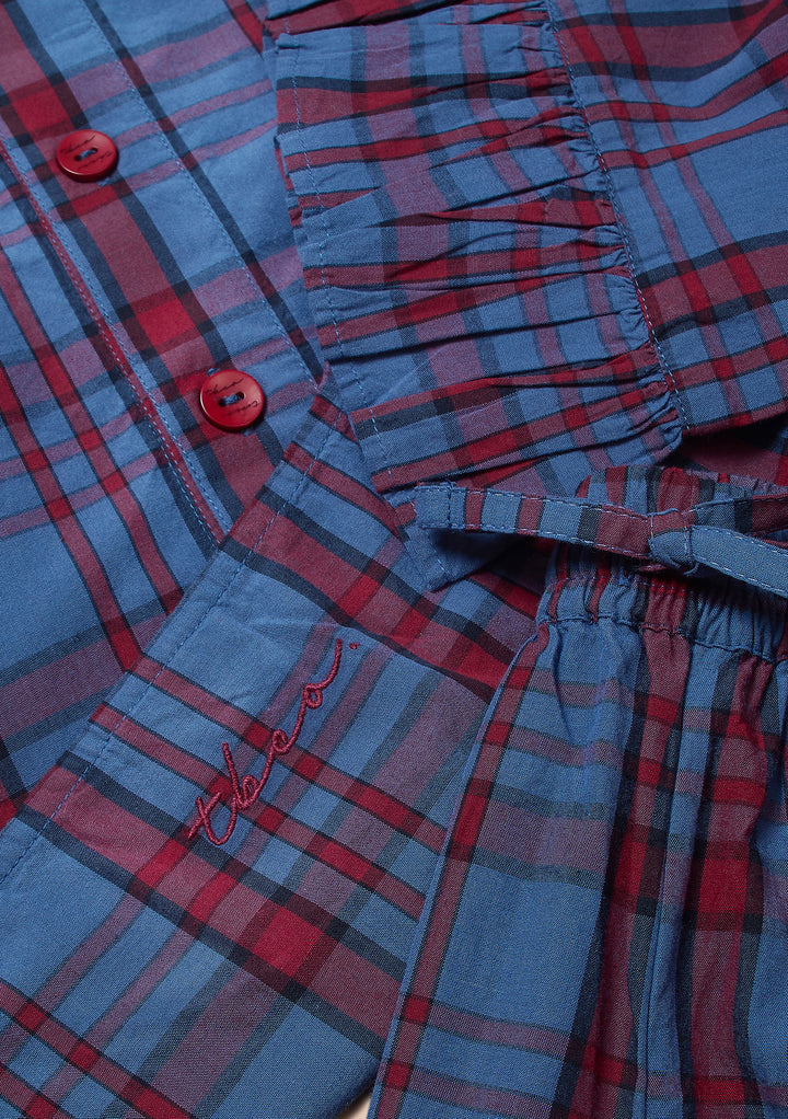 Cropped Cotton Pyjamas in Navy Tartan Ruffle