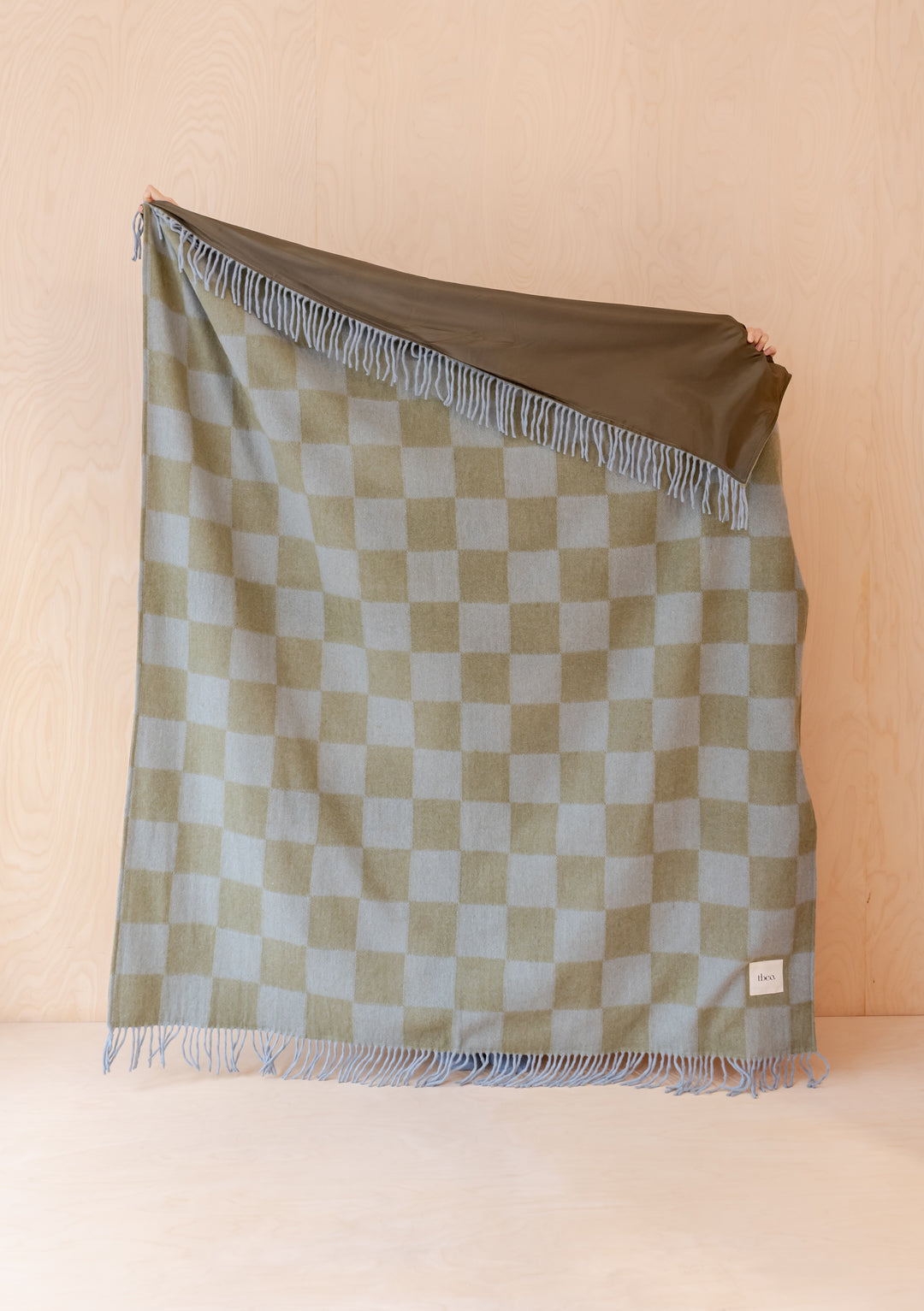 Recycled Wool Picnic Blanket in Green & Blue Checkerboard