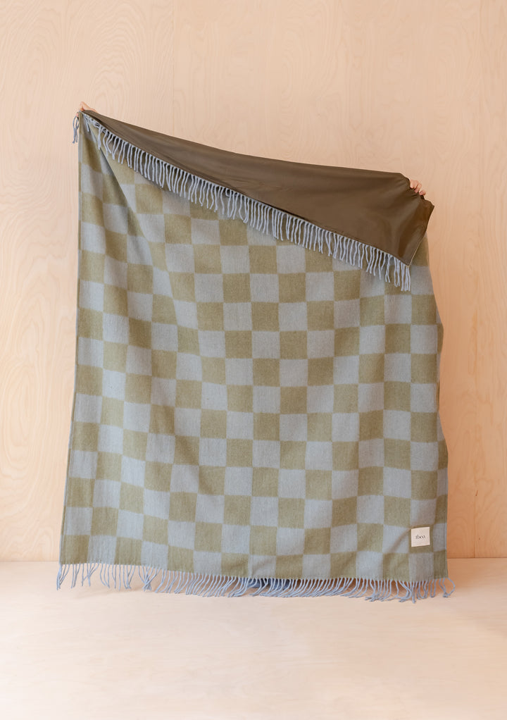 Recycled Wool Picnic Blanket in Green & Blue Checkerboard