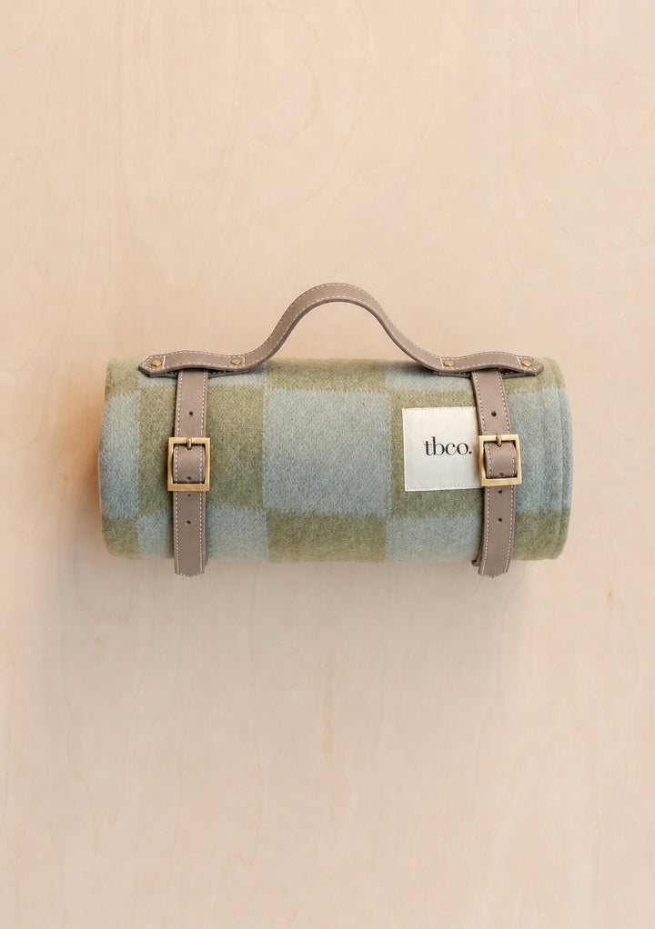 Recycled Wool Picnic Blanket in Green & Blue Checkerboard