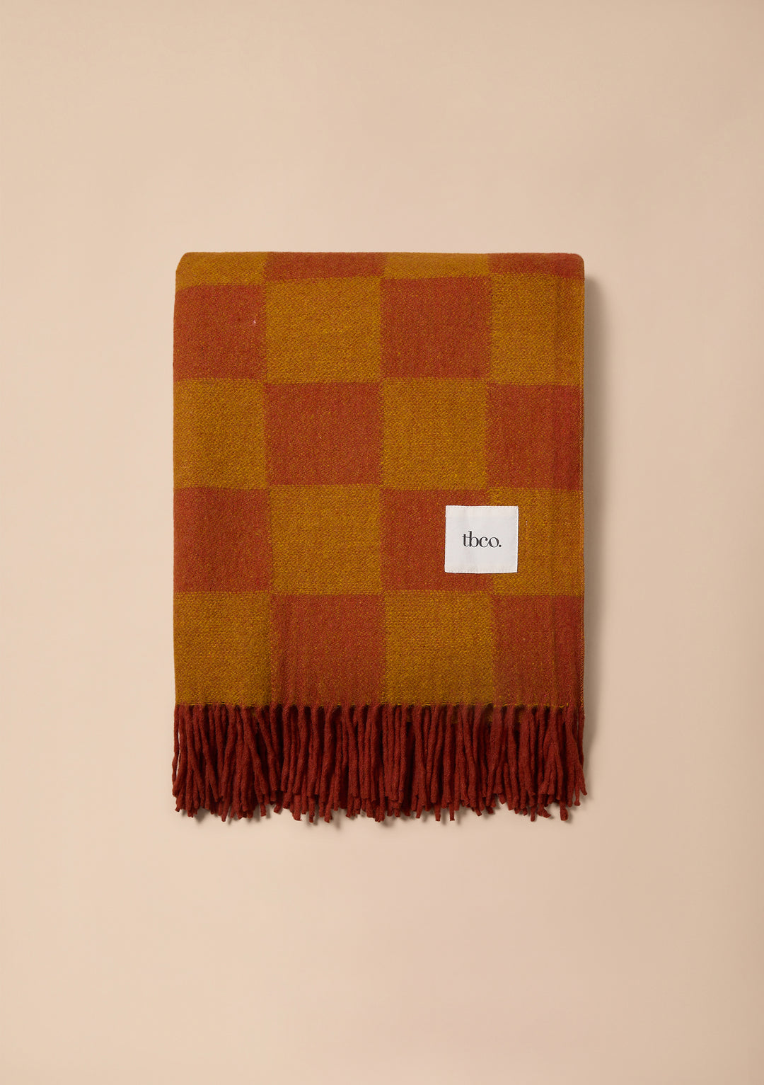 Decke aus recycelter Wolle mit Senf- und Orange-Schachbrettmuster