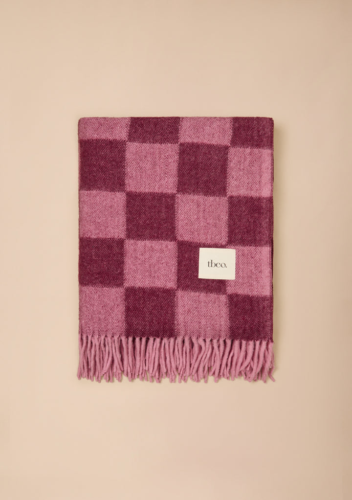 Recycled Wool Blanket in Rose and Fig Checkerboard