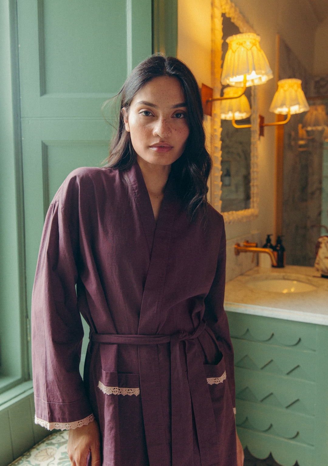 Cotton & Linen Robe in Fig Trim