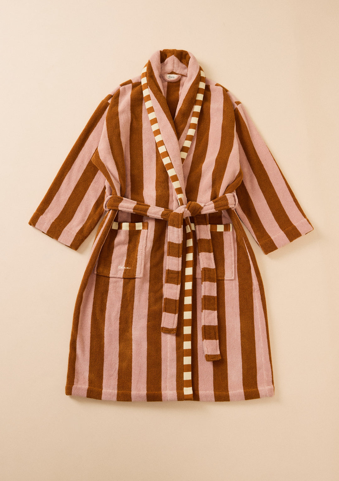 TBCo Terry Cotton Bath Robe in Honeycomb Stripe with brown and pink vertical stripes and a striped belt detail