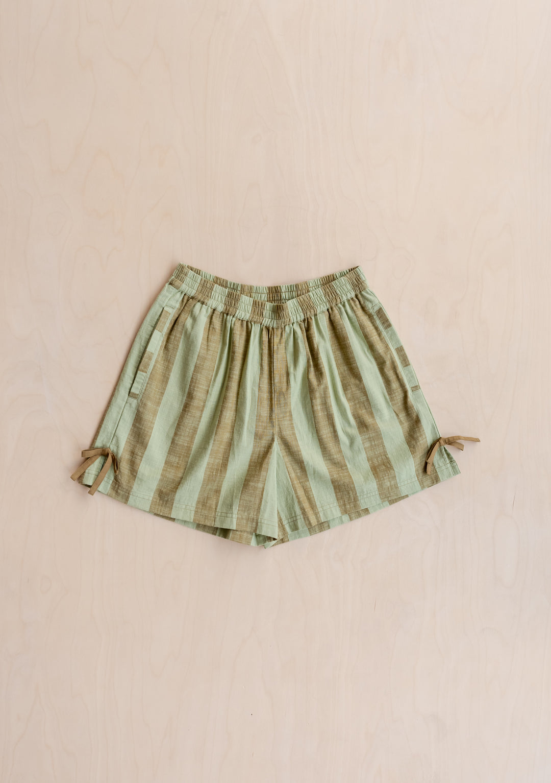 Cotton Tie Shorts in Green & Brown Stripe