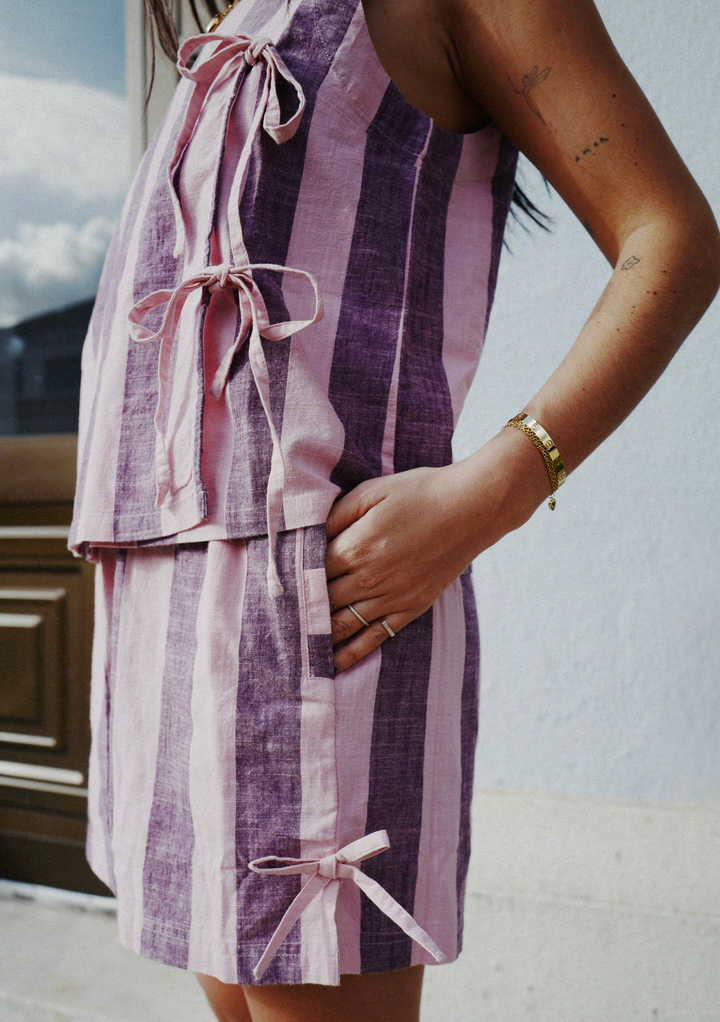 Cotton Tie Shorts in Pink & Burgundy Stripe