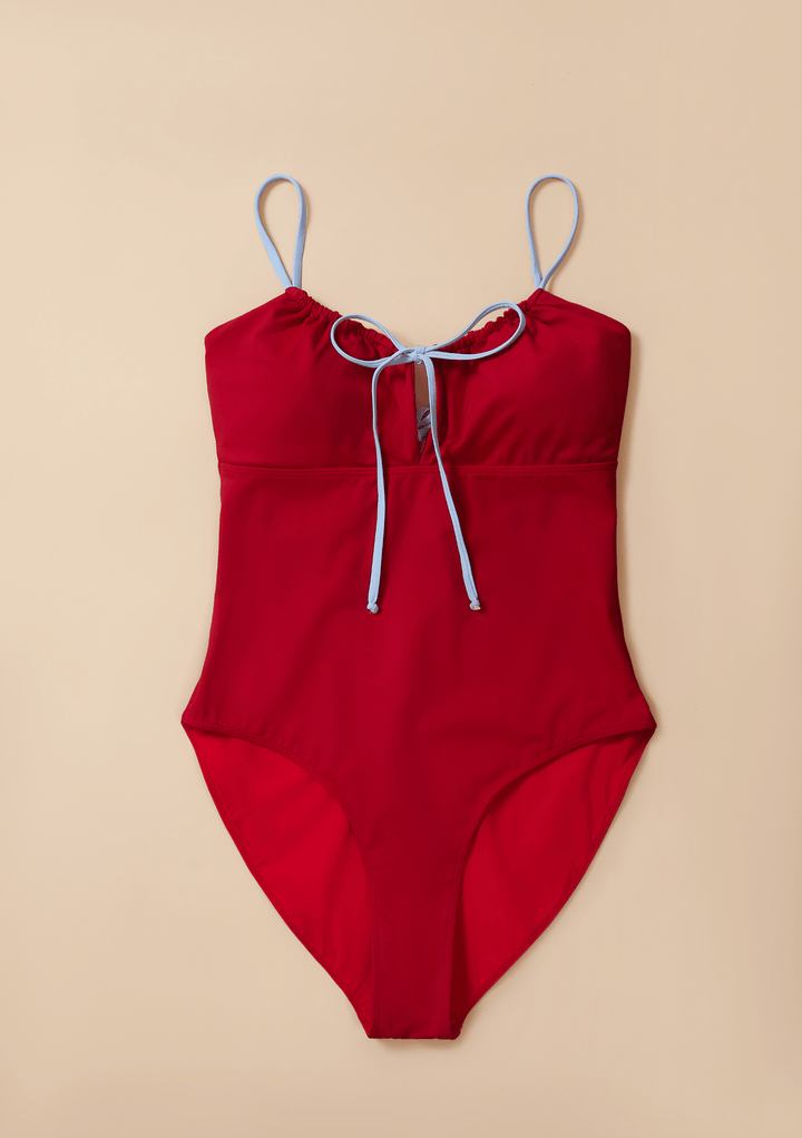 Gathered Swimsuit in Red & Blue by TBCo with natural and recycled fibres, Certified B-Corp, Women-Founded, designed to make an impact