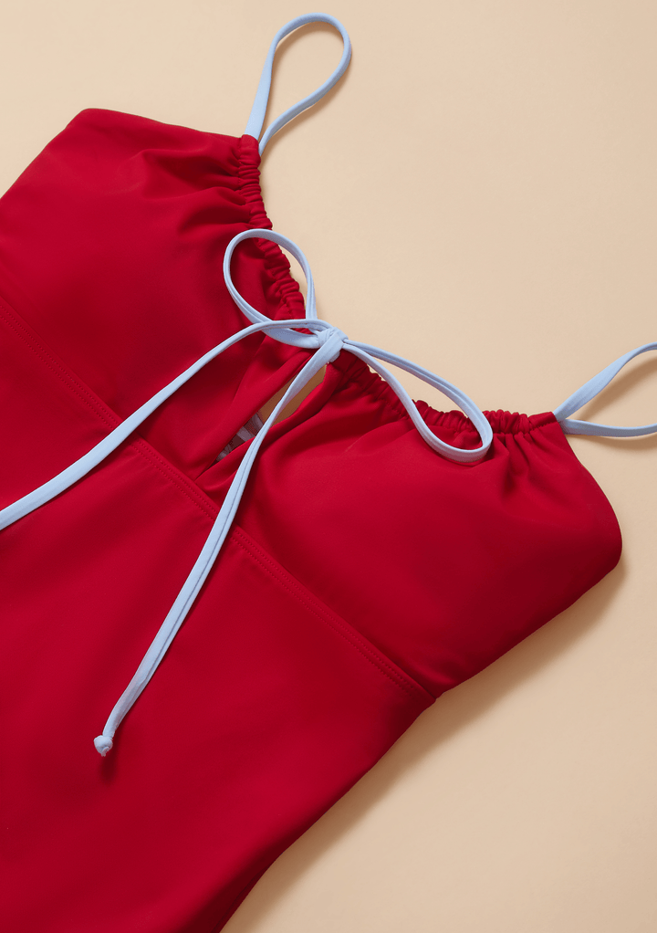 Closeup of the Gathered Swimsuit in Red & Blue by TBCo with natural and recycled fibres, Certified B-Corp, Women-Founded, designed to make an impact