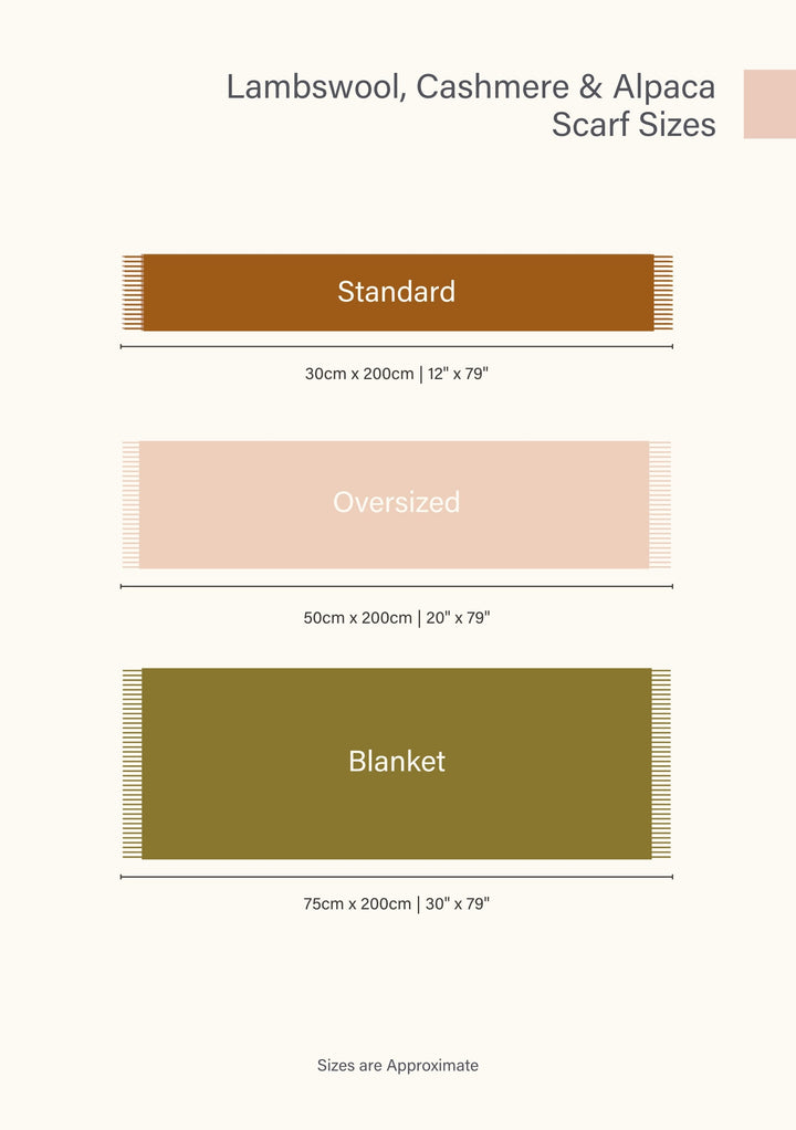 TBCo Size chart for Standard Scarf, Oversized Scarf and Blanket Scarf Products in Lamsbwool and Cashmere. Each in a different colour with product dimensions included