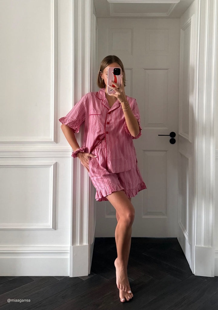 Cotton Pyjamas in Red Stripe Ruffle