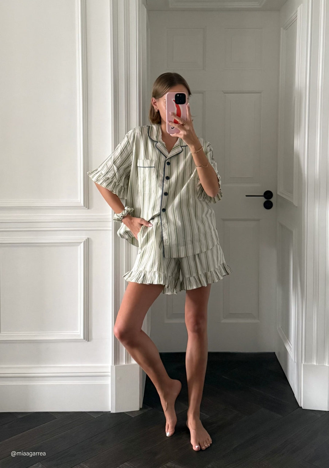 Cotton Pyjamas in Olive Stripe Ruffle