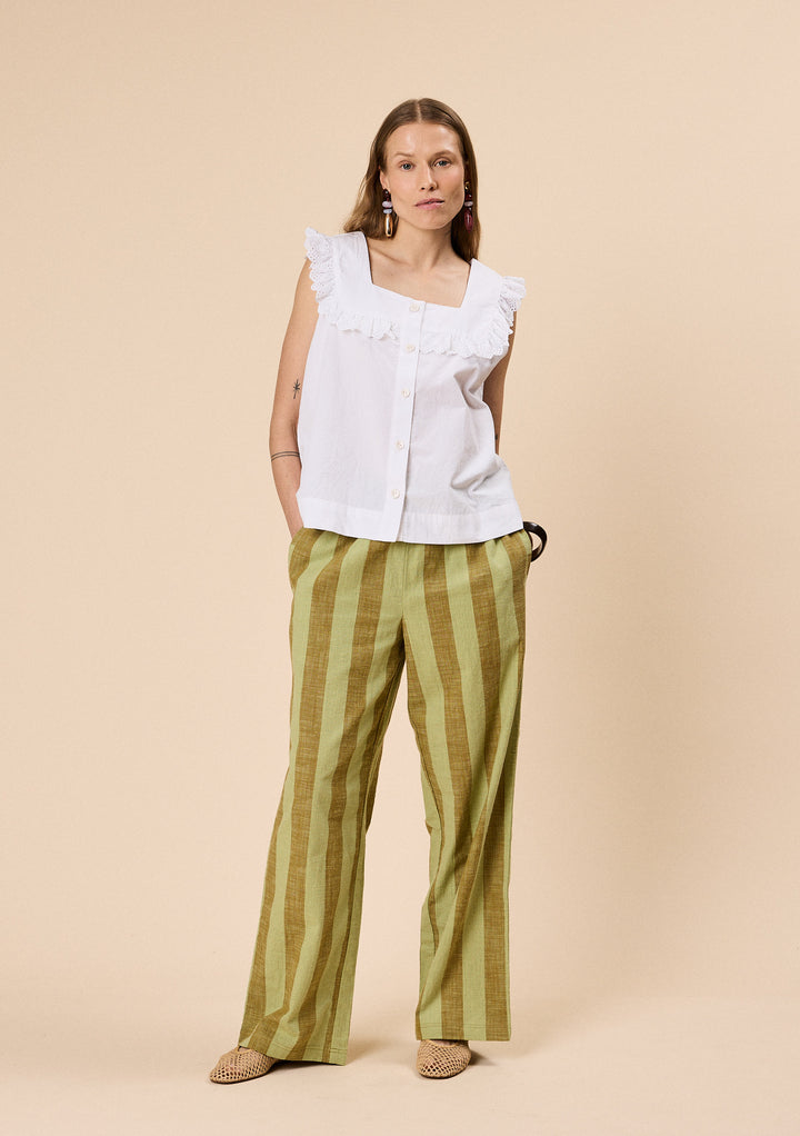 Woman wearing TBCo Cotton Broderie Sleeveless Top in White with natural & recycled fibres, Certified B-Corp, Women-Founded, designed to make an impact