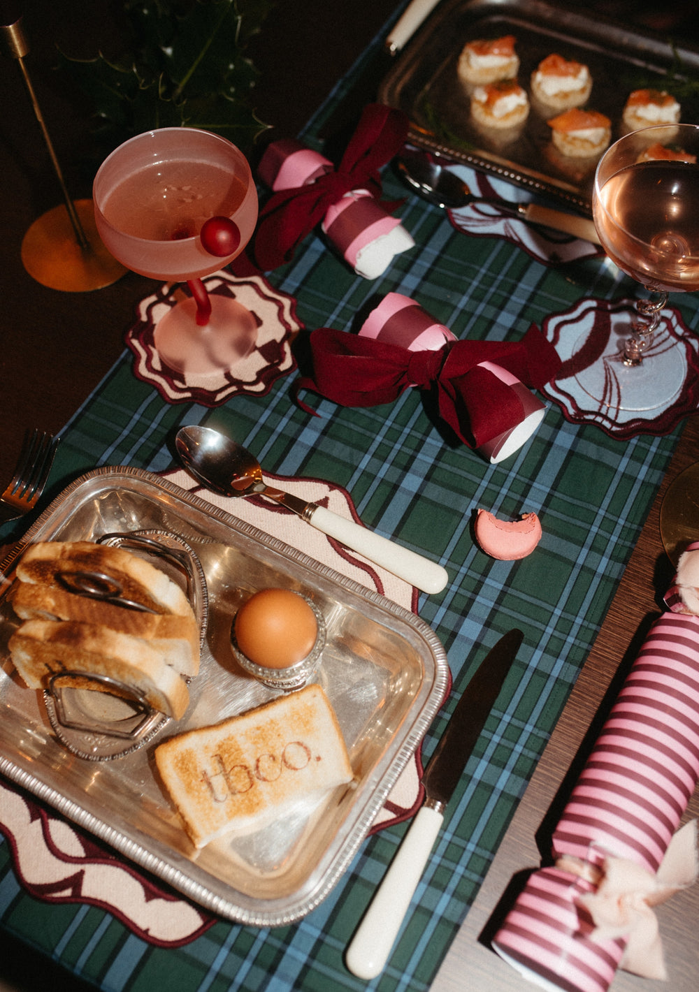 Festive table setting featuring TBCo Cotton Runner in Green Tartan with elegant tartan pattern and seasonal decor.