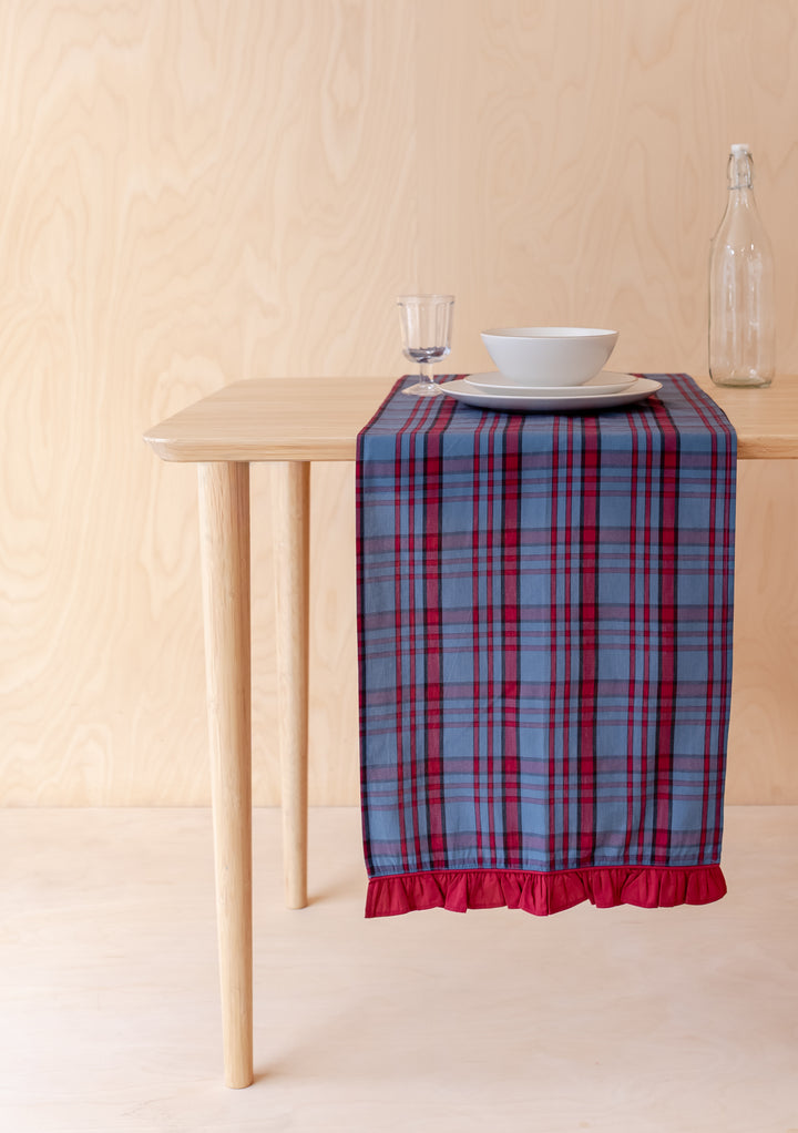 Tapis de couloir en coton à carreaux bleu marine 