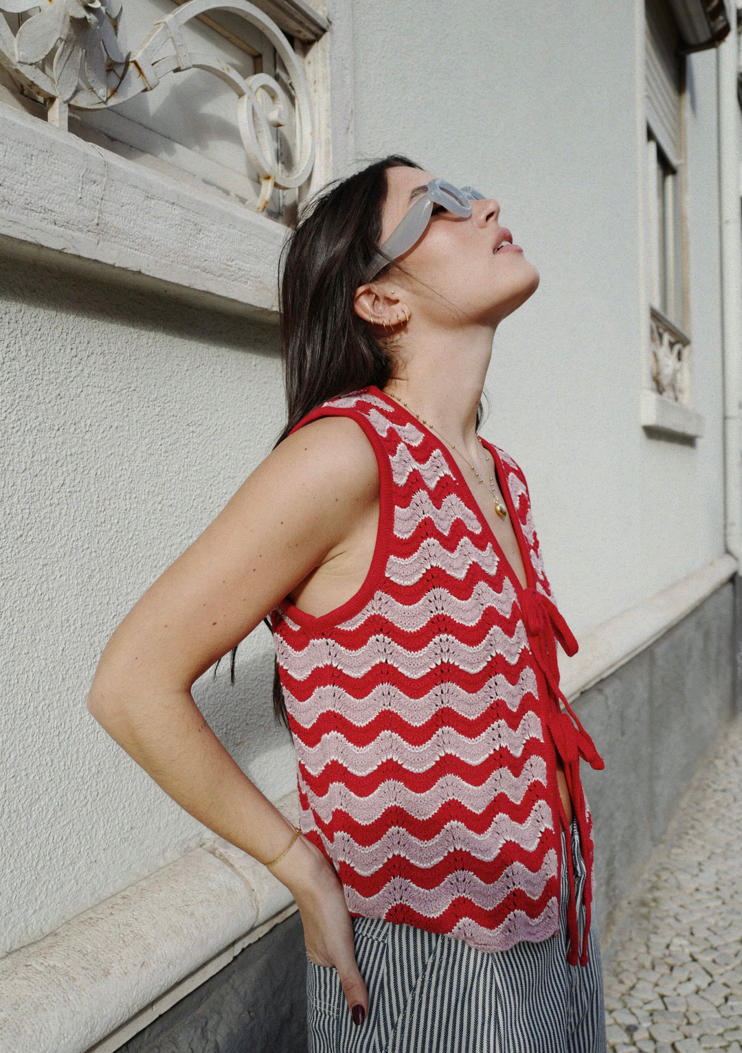 Cotton Knitted Vest in Pink Wave