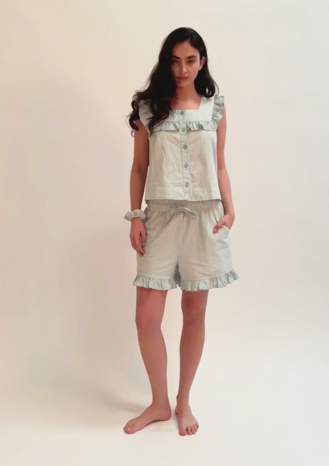 Cotton Pyjamas in Blue Stripe Ruffle