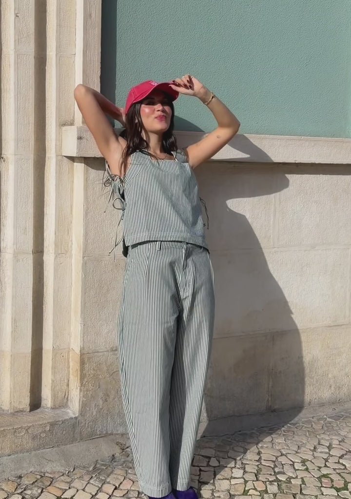 Denim Barrel Leg Trousers in Herringbone Stripe