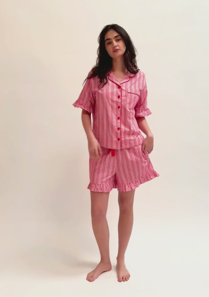 Cotton Pyjamas in Red Stripe Ruffle