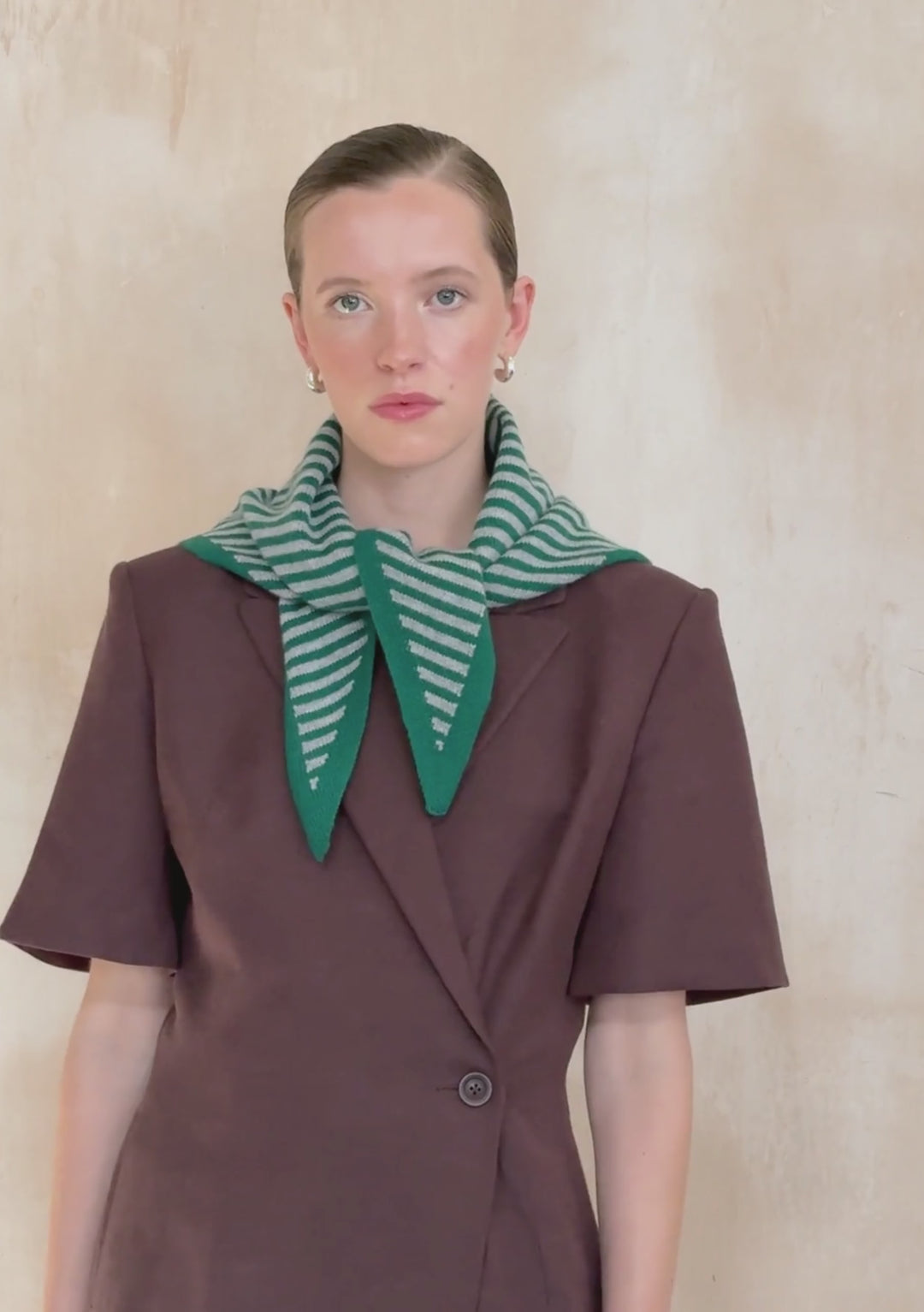 Merino Wool Triangle Scarf in Green & Charcoal Stripe