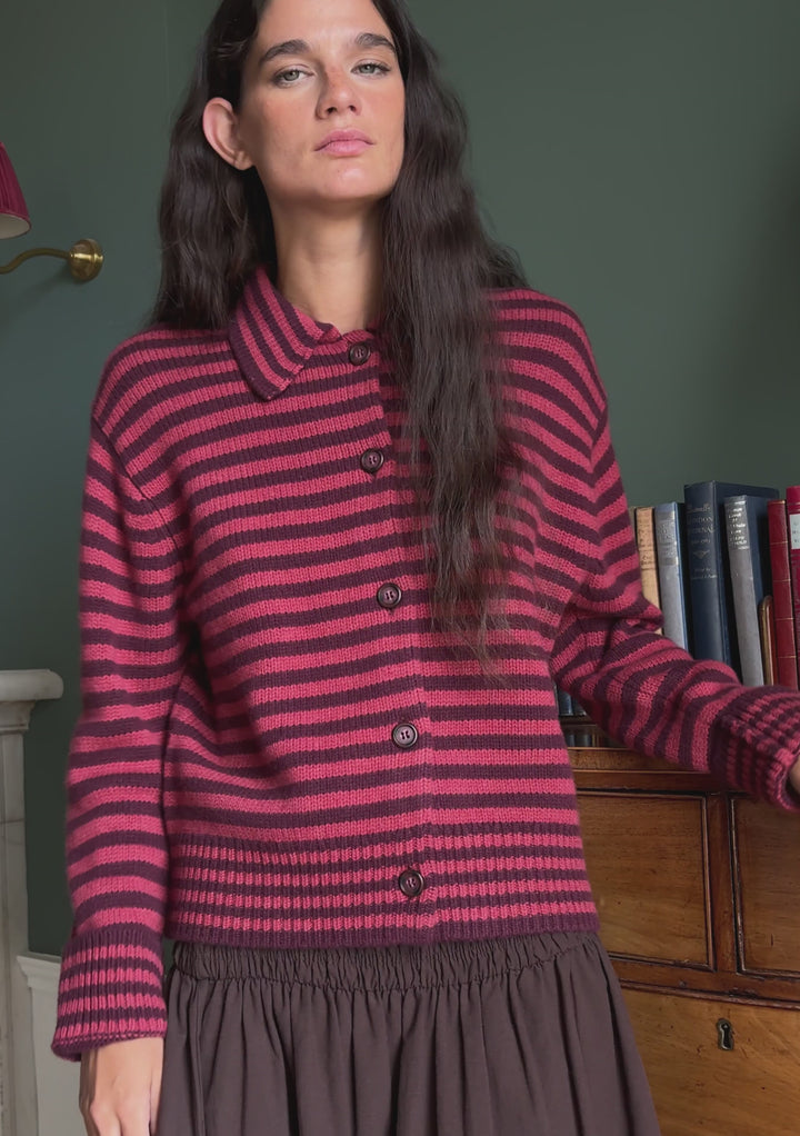 Merino Wool Chore Cardigan in Berry Stripe