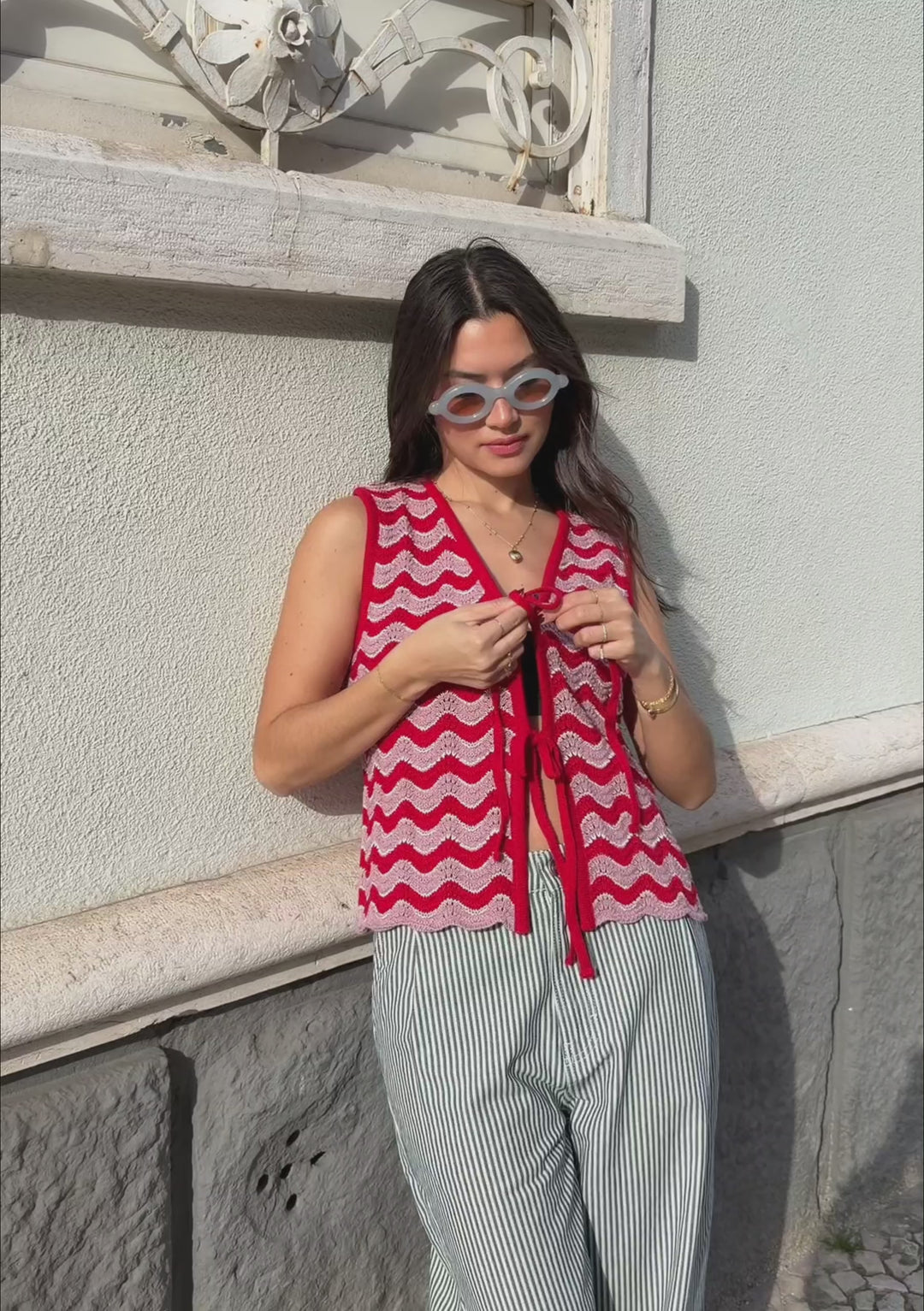 Cotton Knitted Vest in Pink Wave