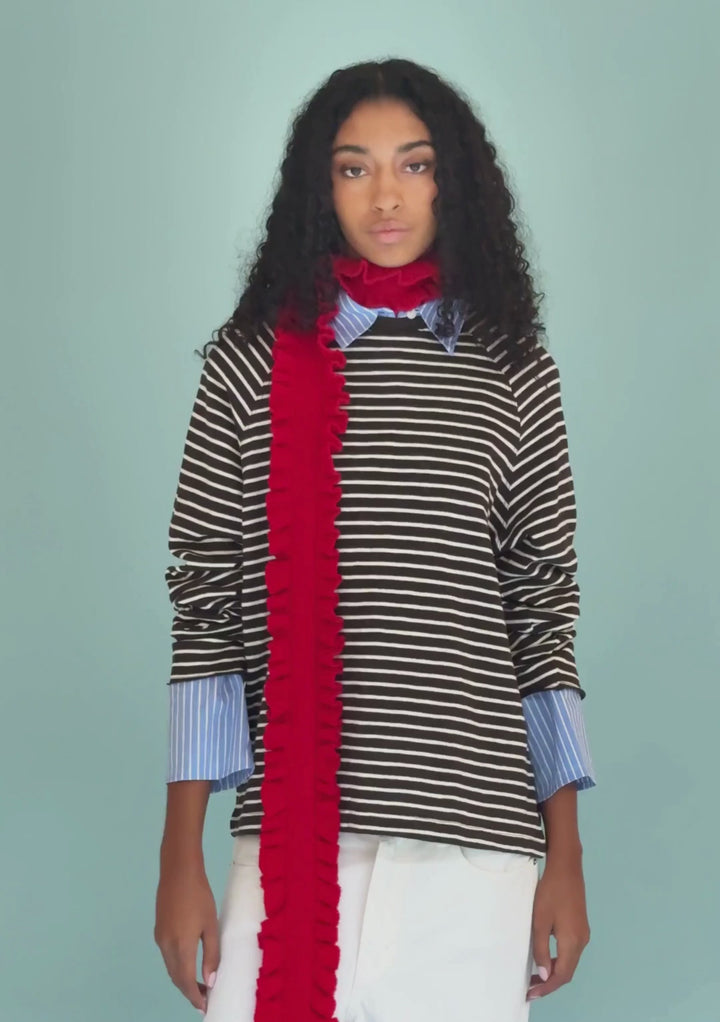 Écharpe fine en laine mérinos rouge à volants