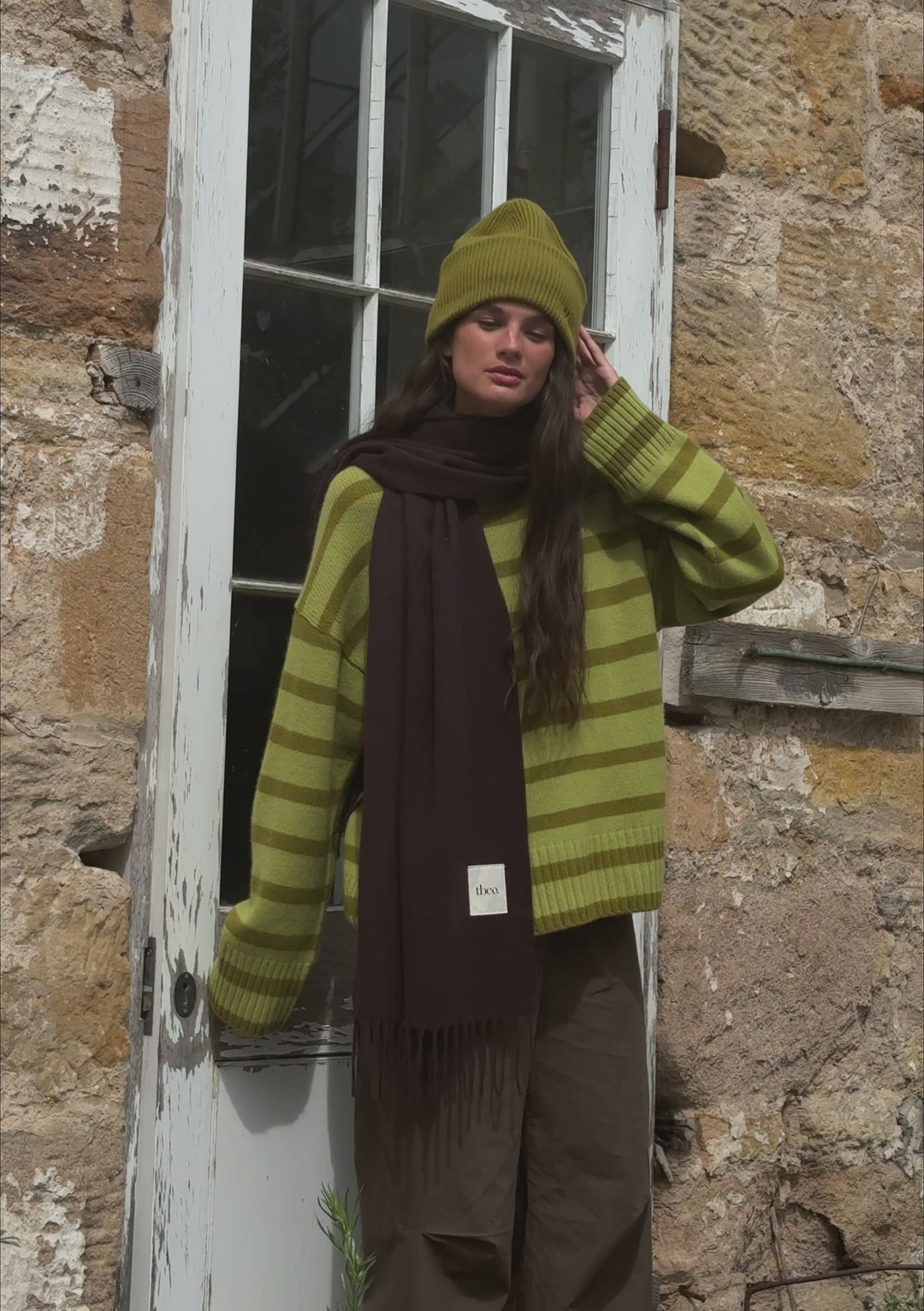 Merino Wool Crew Neck Jumper in Green Stripe