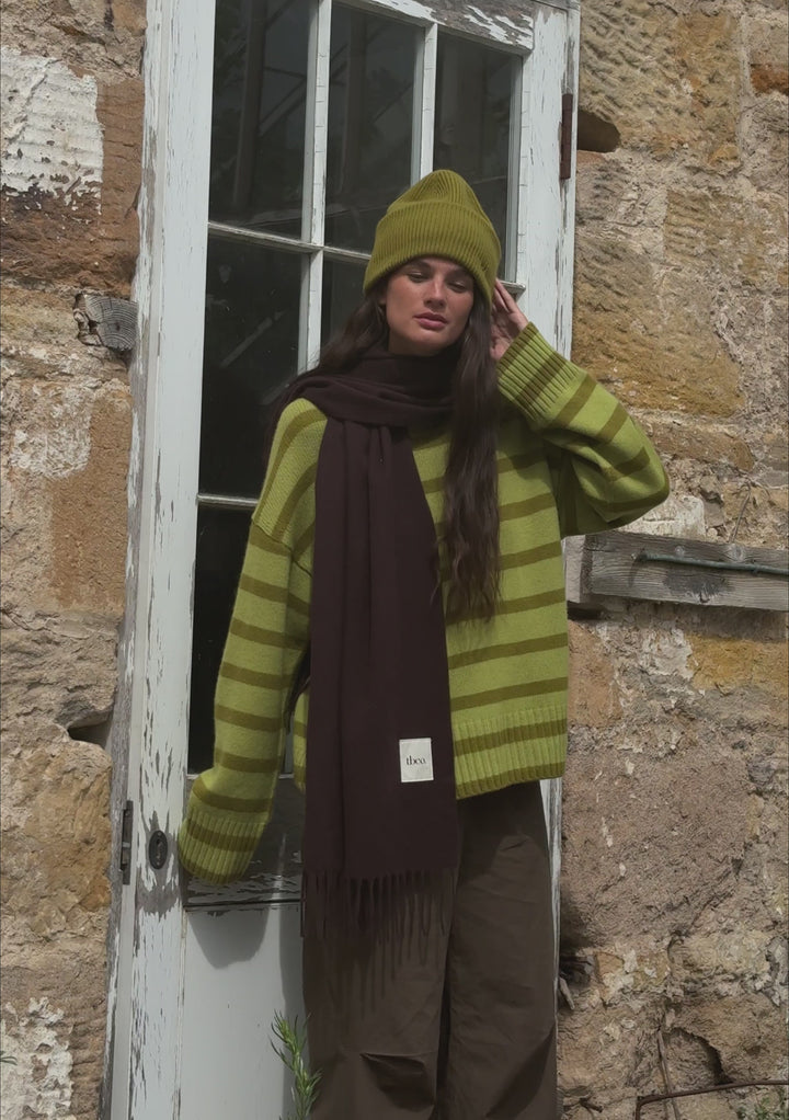 Merino Wool Crew Neck Jumper in Green Stripe